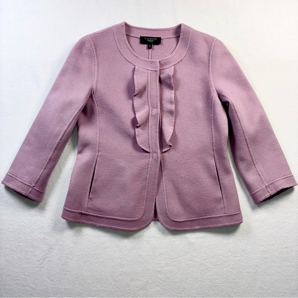 Talbots Petites Wool Blend Jacket Blazer Lavender Ruffle Front 4P 3/4 Sleeve